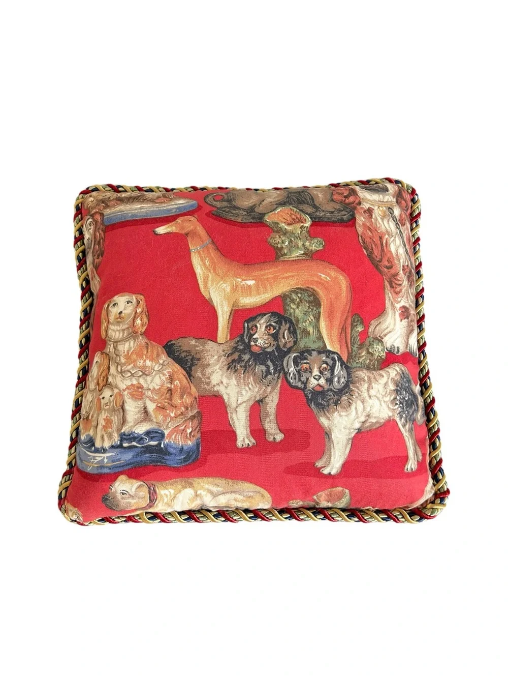 Vintage Staffordshire Dog Print Accent Pillow Red